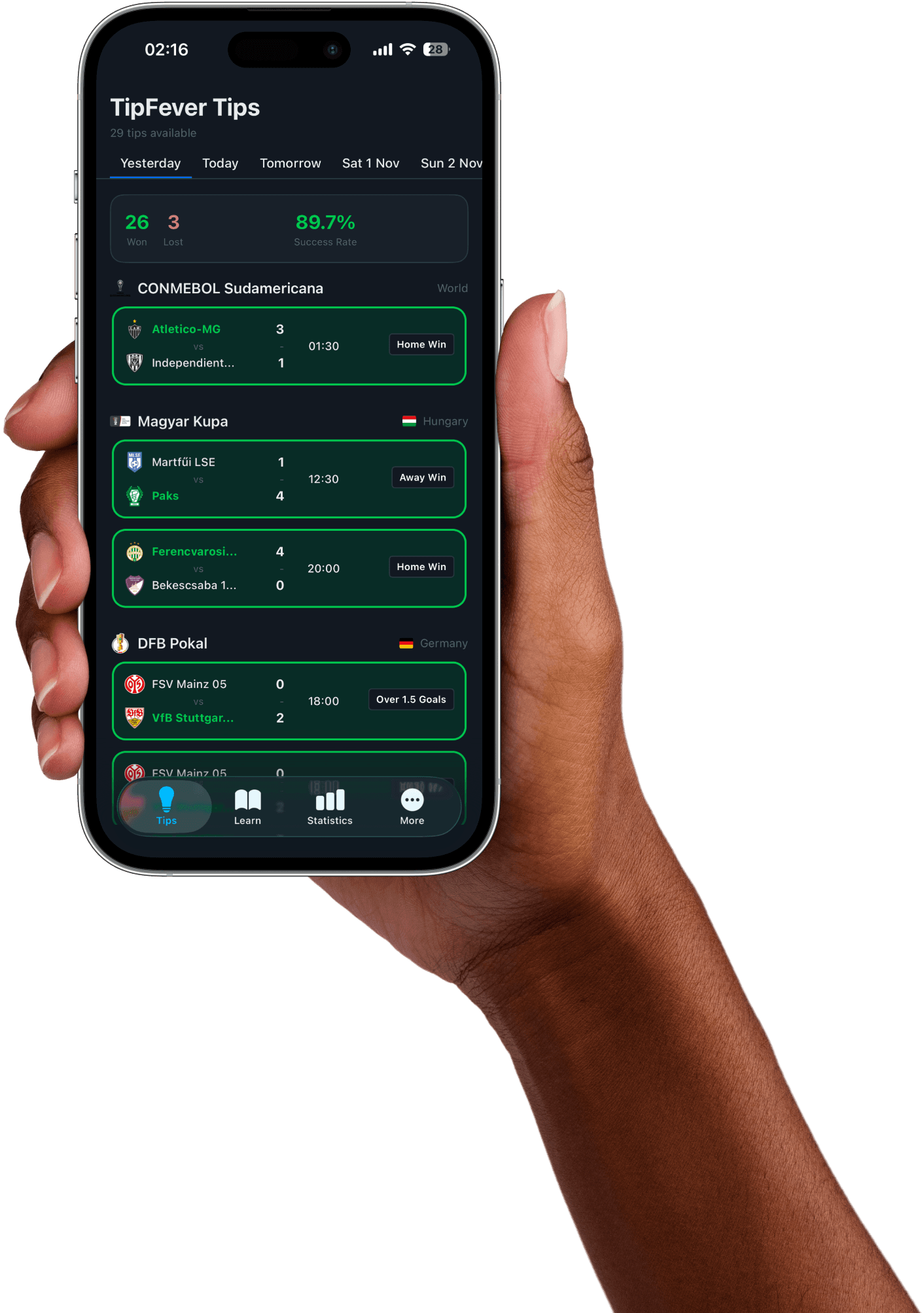 Hand holding a phone open to TipFever tips, with won, lost, and success rate at the top