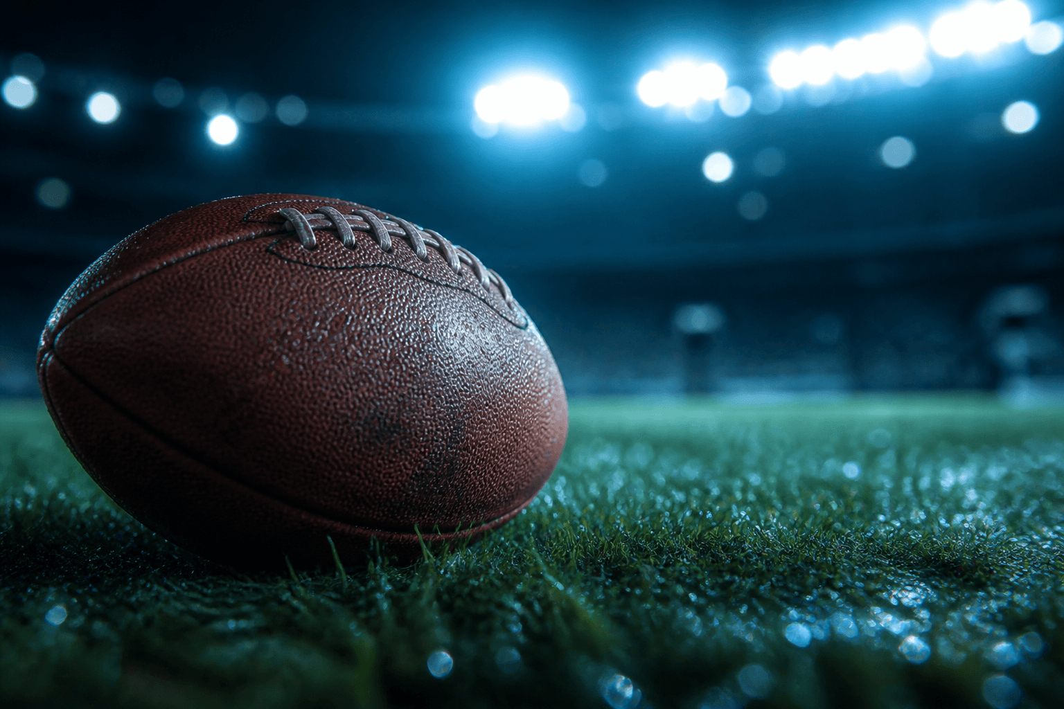 Close-up of a football on a floodlit night pitch